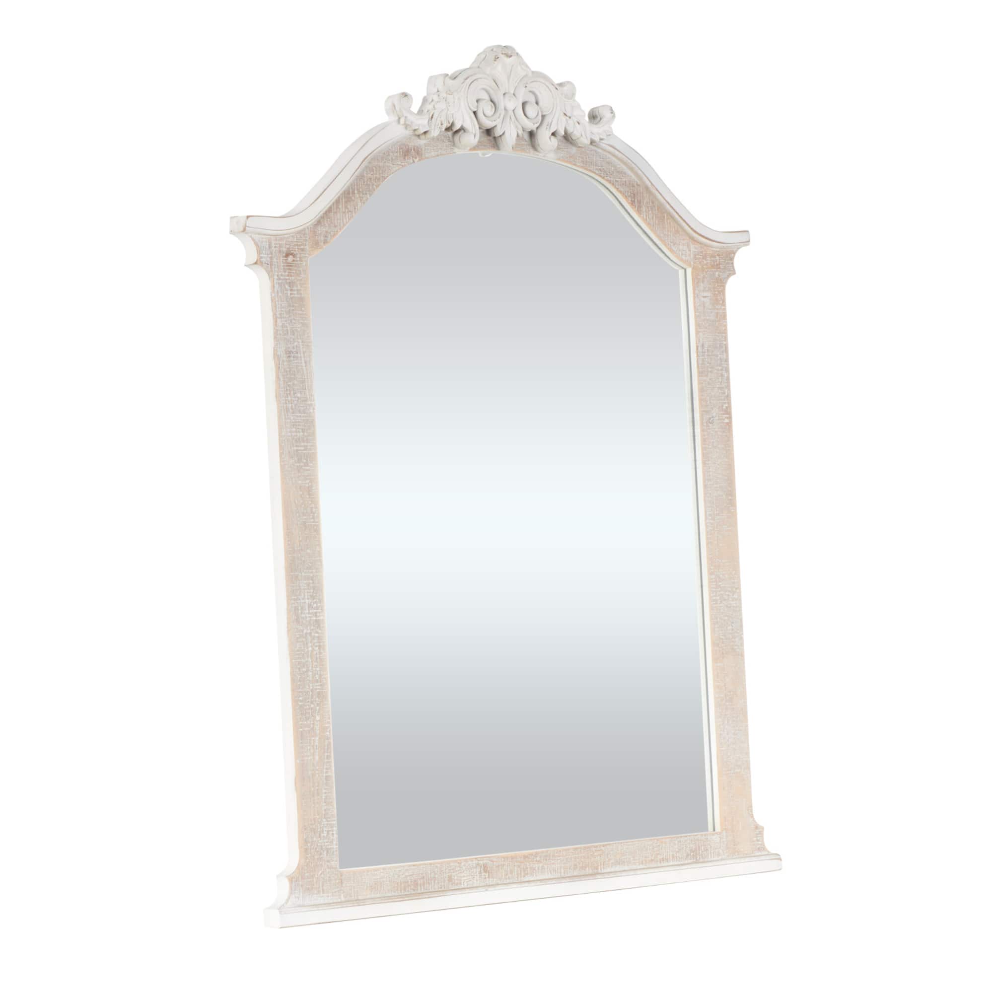 Cream Wooden Arched Scroll Room Wall Mirror with Brown Distressing
